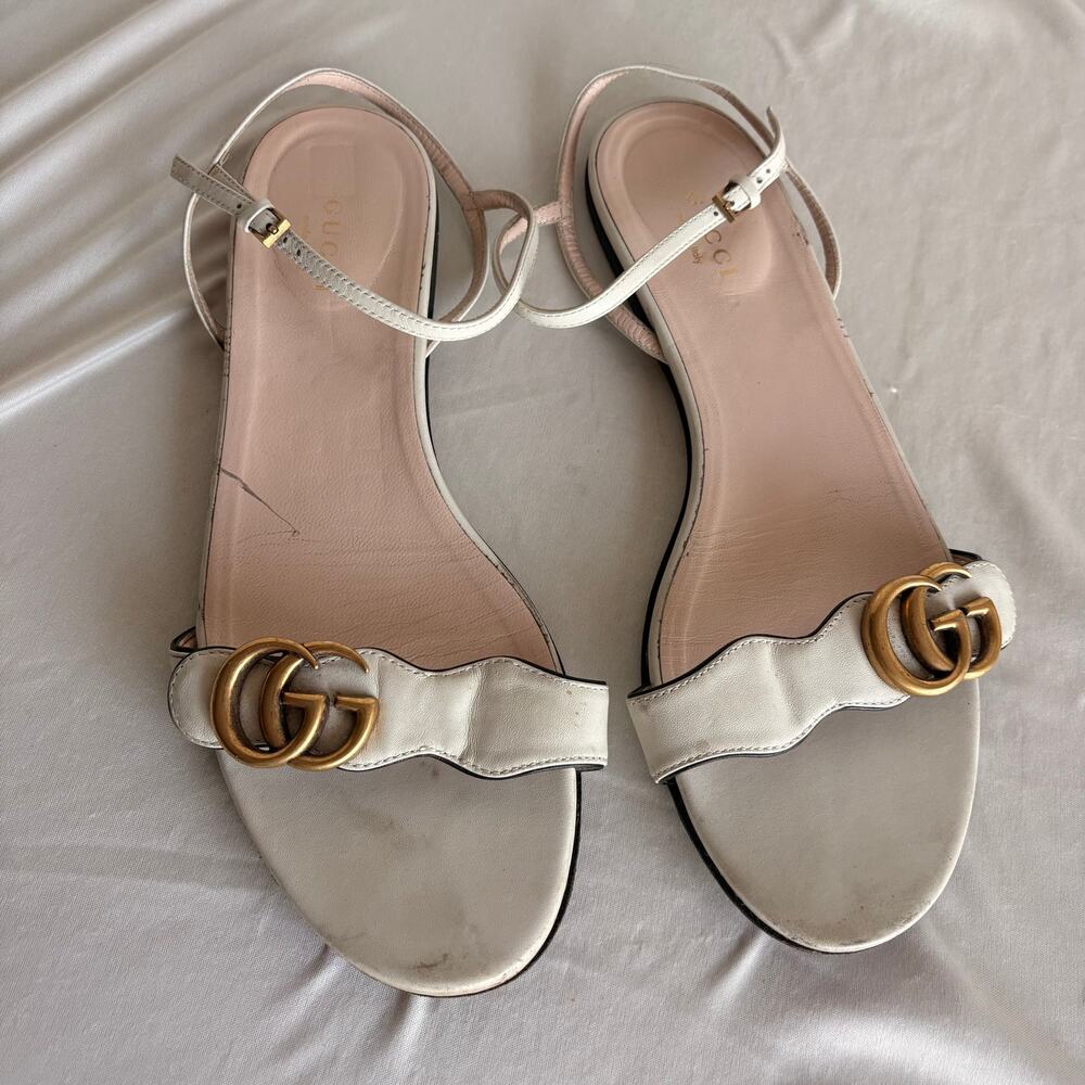 Gucci Double G Lifford White Calfskin  Flat Ankle Wrap Sandals - 39